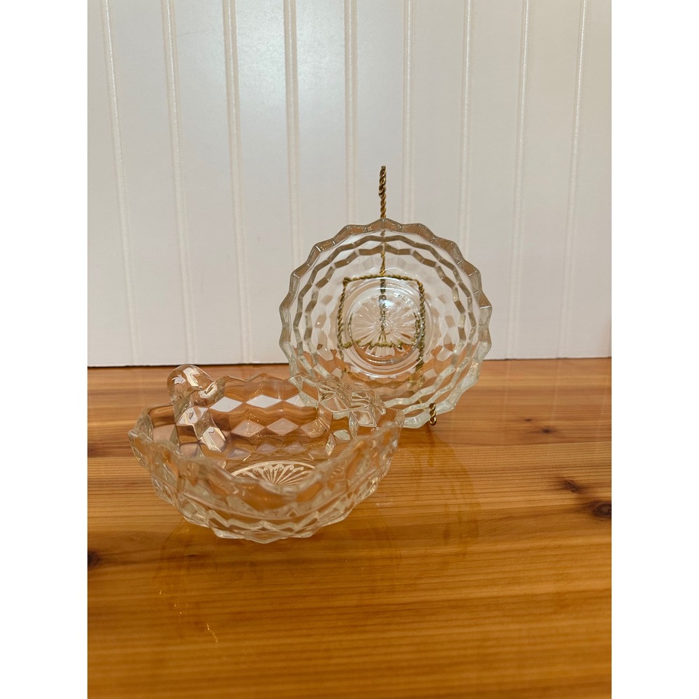 Vintage Pressed Glass Fostoria Cubist Design Nappy Bowl Set Diamond Point MCM